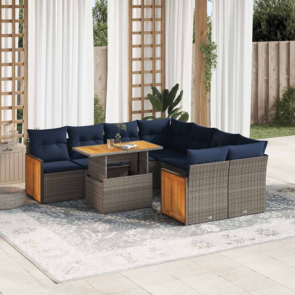 vidaXL Set Divano da Giardino 9pz con Cuscini Grigio Polyrattan Acacia