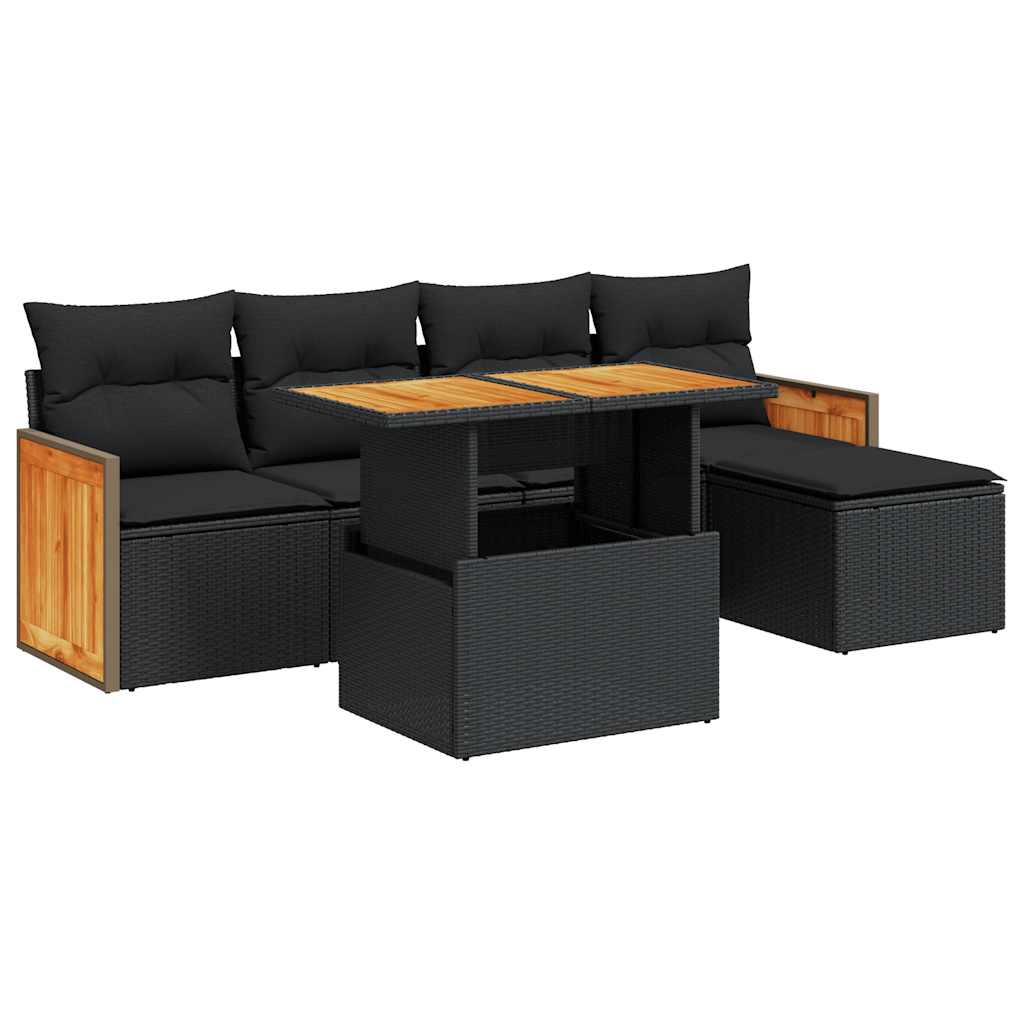 Set Divano da Giardino 6 pz con Cuscini Nero Polyrattan Acacia 3327695