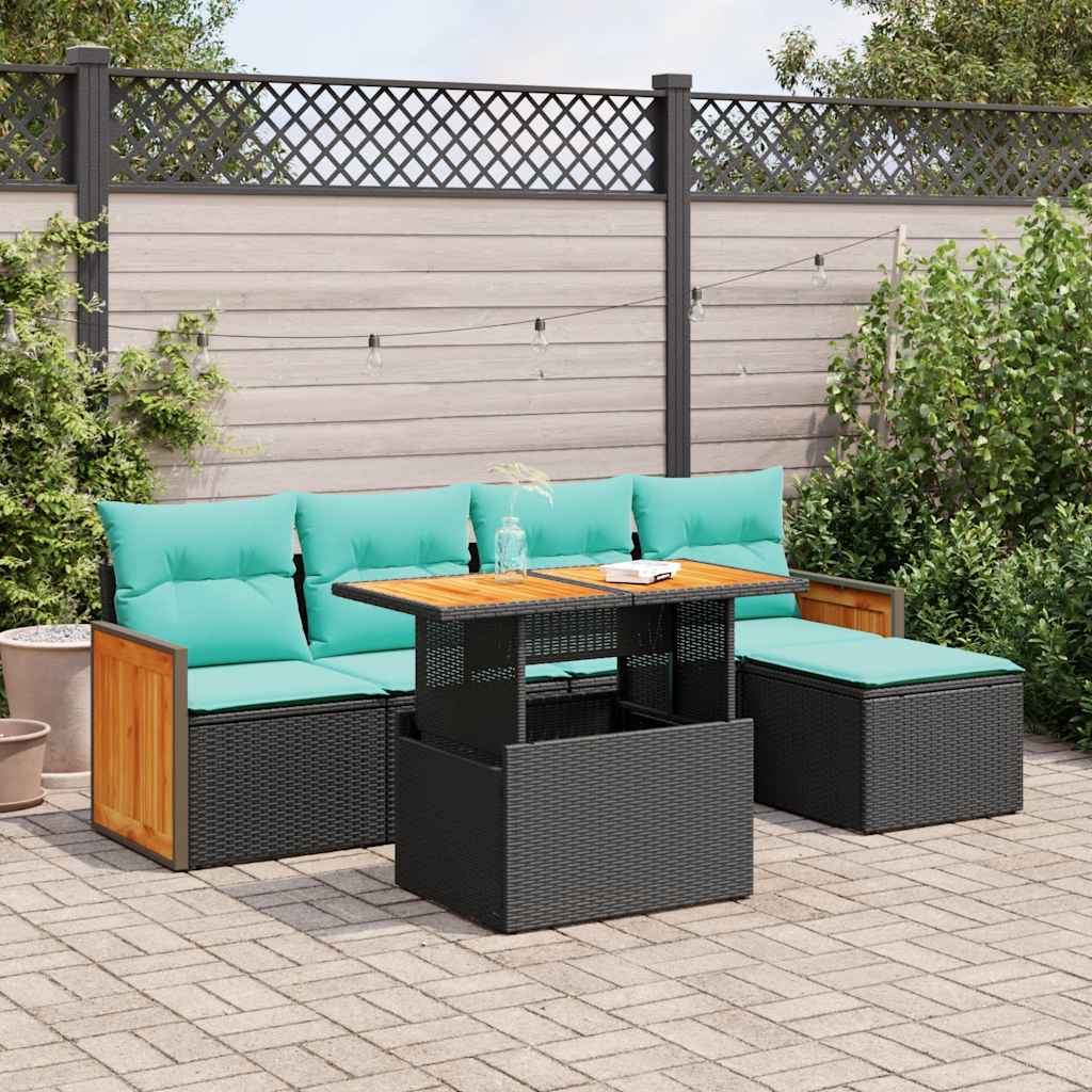 Set Divano da Giardino 6 pz con Cuscini Nero Polyrattan Acacia 3327697