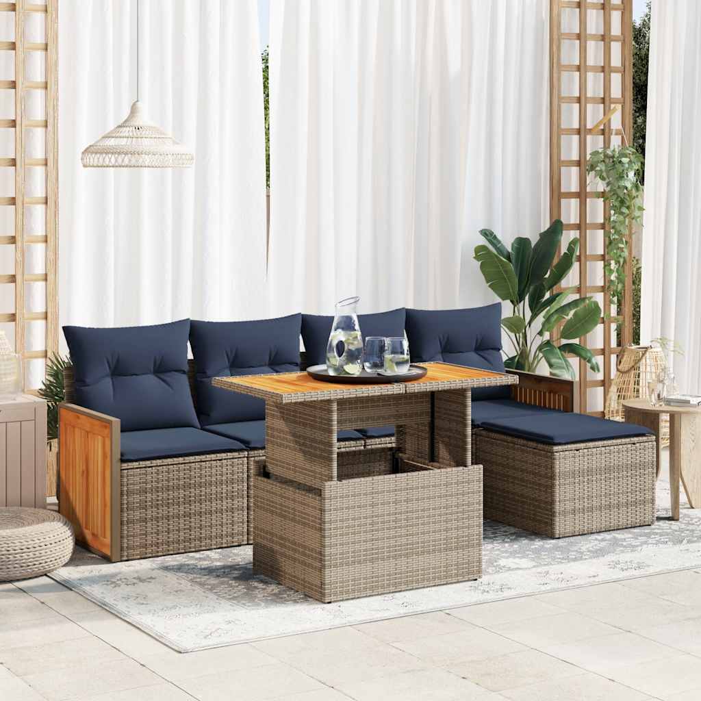 Set Divano da Giardino 6pz con Cuscini Grigio Polyrattan Acacia