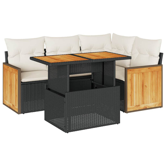 Set Divani da Giardino 5 pz con Cuscini Nero Polyrattan Acacia