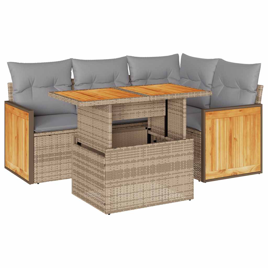 vidaXL Set Divano da Giardino 5 pz con Cuscini Beige Polyrattan Acacia