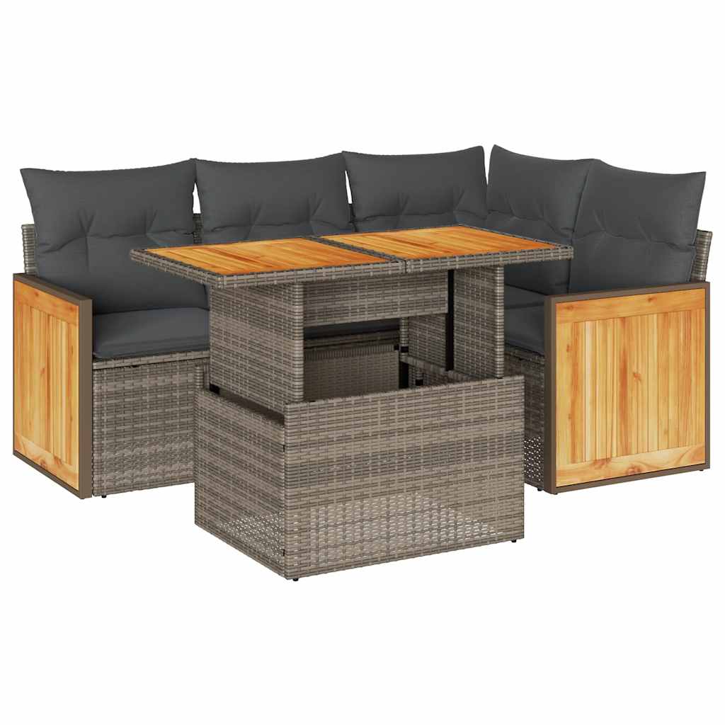vidaXL Set Divano Giardino 5 pz con Cuscini Grigio Polyrattan Acacia