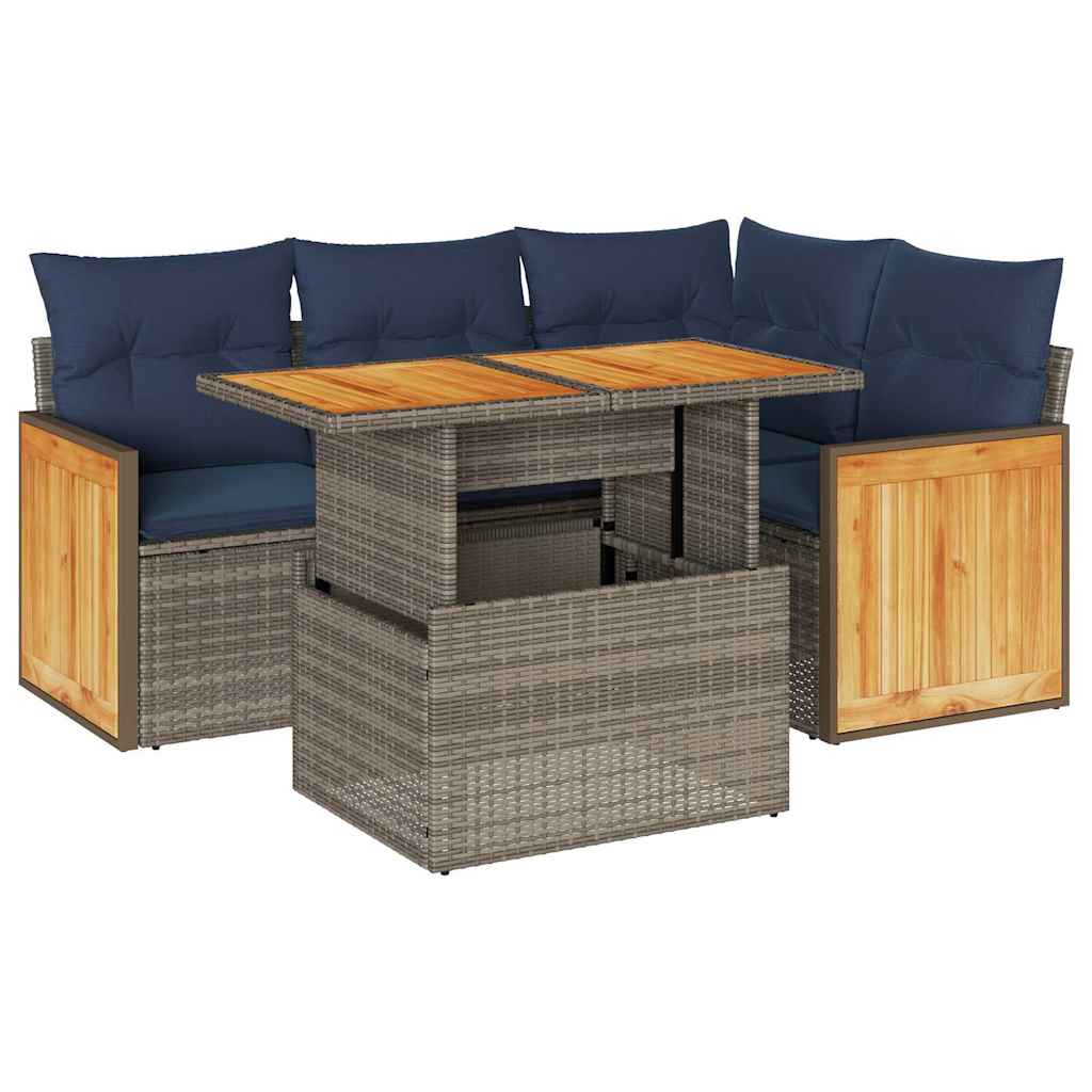 Set Divano Giardino 5 pz con Cuscini Grigio Polyrattan Acacia
