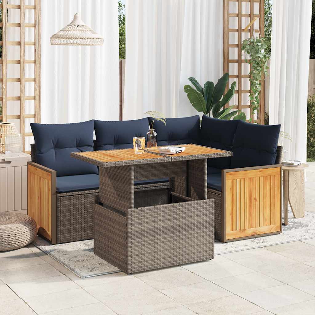 Set Divano Giardino 5 pz con Cuscini Grigio Polyrattan Acacia