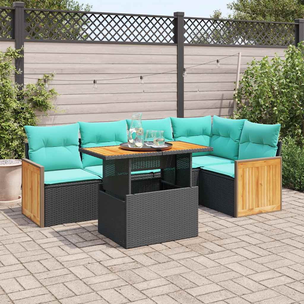 Set Divano da Giardino 6 pz con Cuscini Nero Polyrattan Acacia 3327711