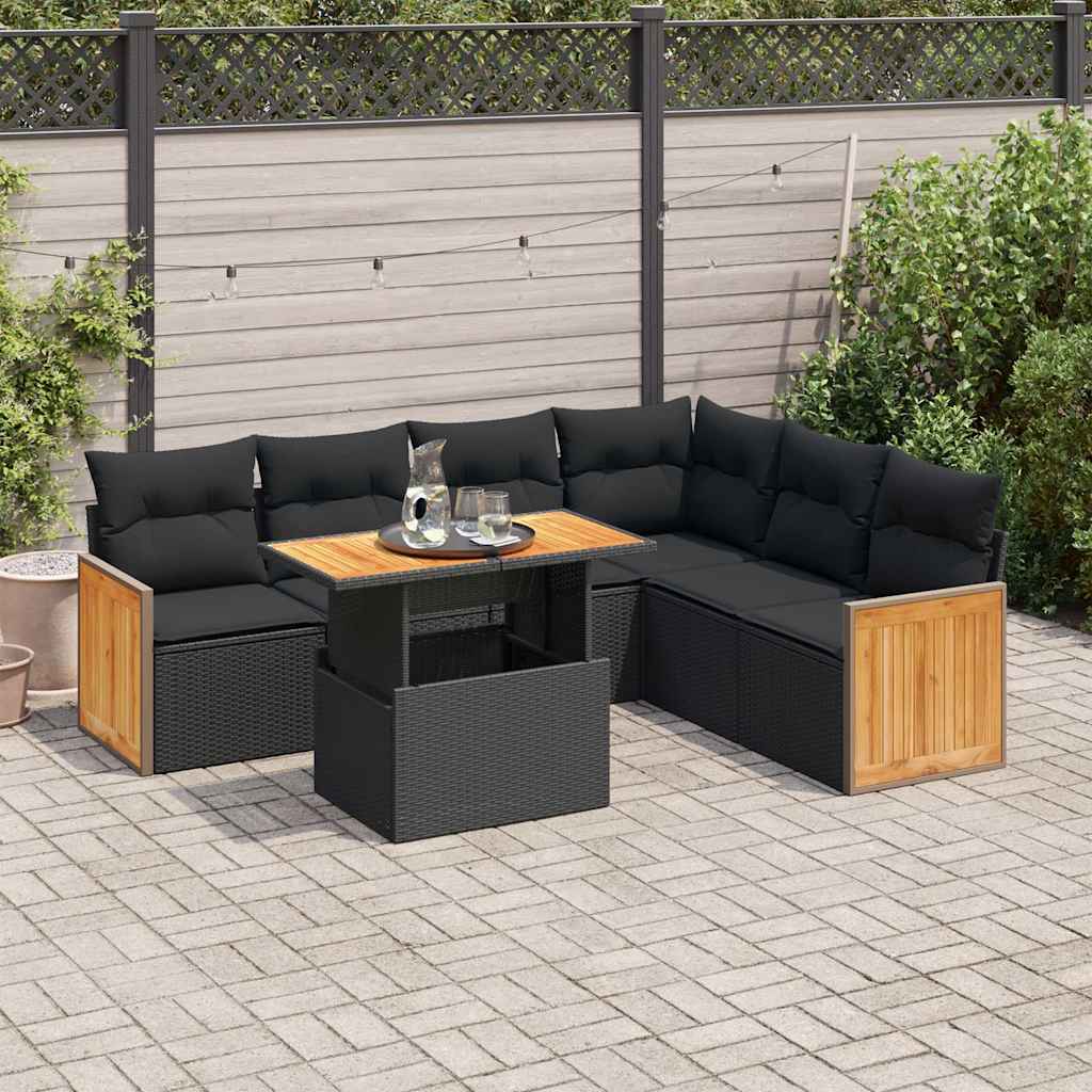 Set Divani da Giardino con Cuscini 7pz Nero Polyrattan Acacia 3327716