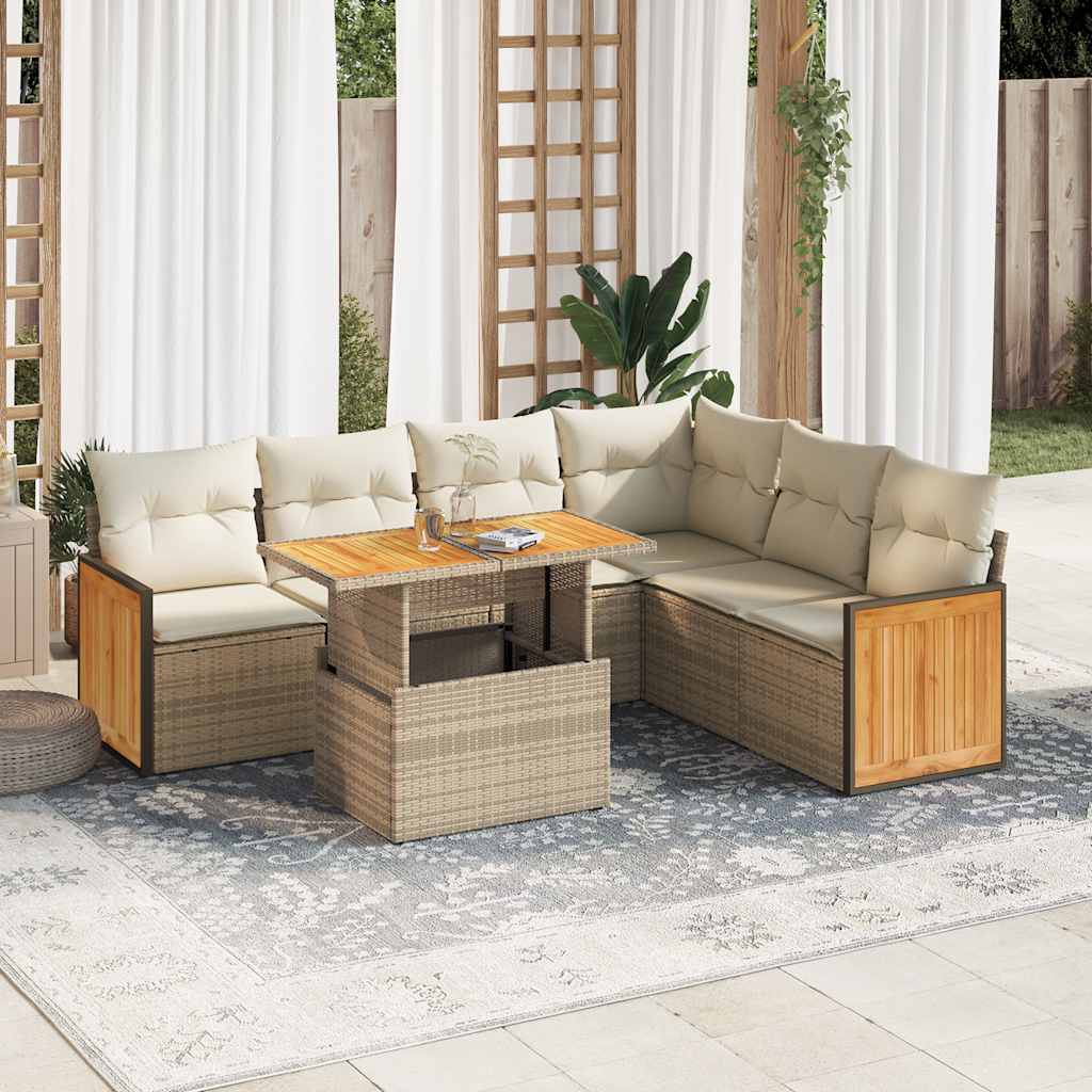 vidaXL Set Divani da Giardino 7 pz con Cuscini Beige Polyrattan Acacia