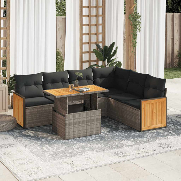 Set Divani da Giardino 7pz con Cuscini Grigio Polyrattan Acacia