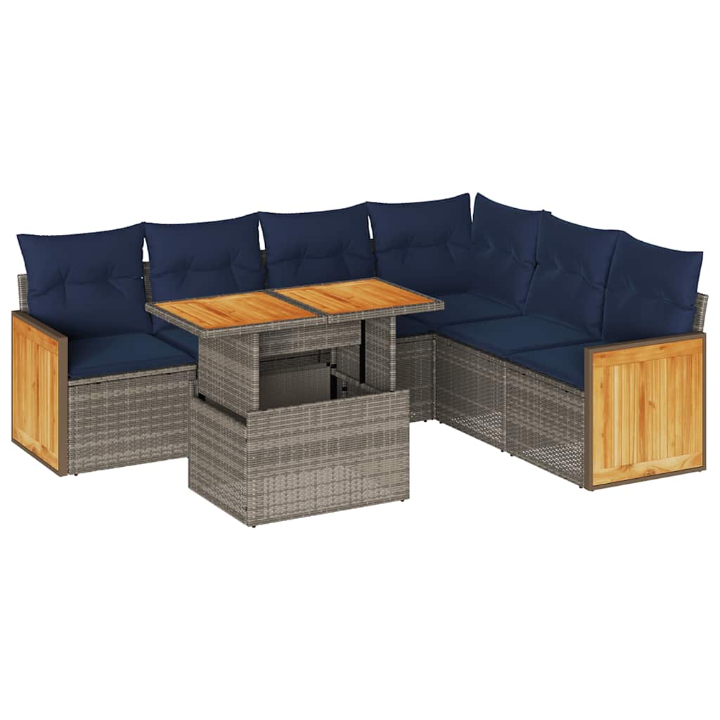 Set Divani da Giardino 7pz con Cuscini Grigio Polyrattan Acacia