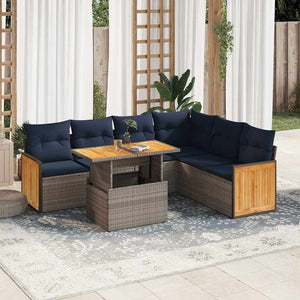 Set Divani da Giardino 7pz con Cuscini Grigio Polyrattan Acacia