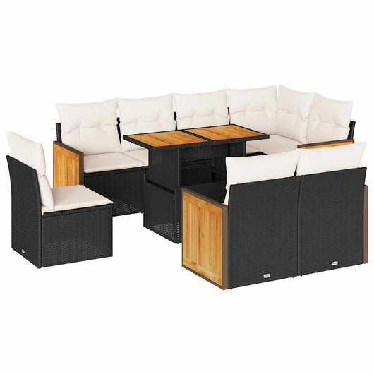 vidaXL Set Divani da Giardino 9 pz con Cuscini Nero Polyrattan Acacia