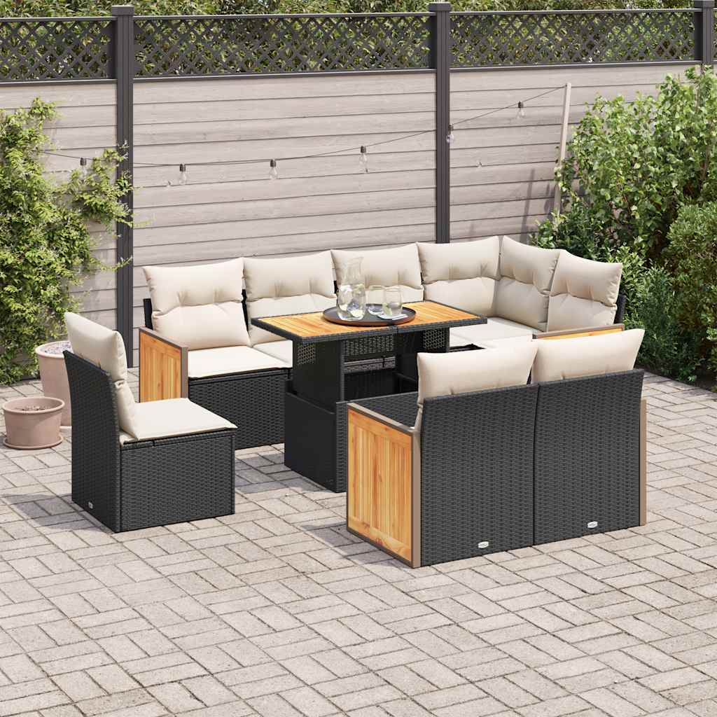vidaXL Set Divani da Giardino 9 pz con Cuscini Nero Polyrattan Acacia