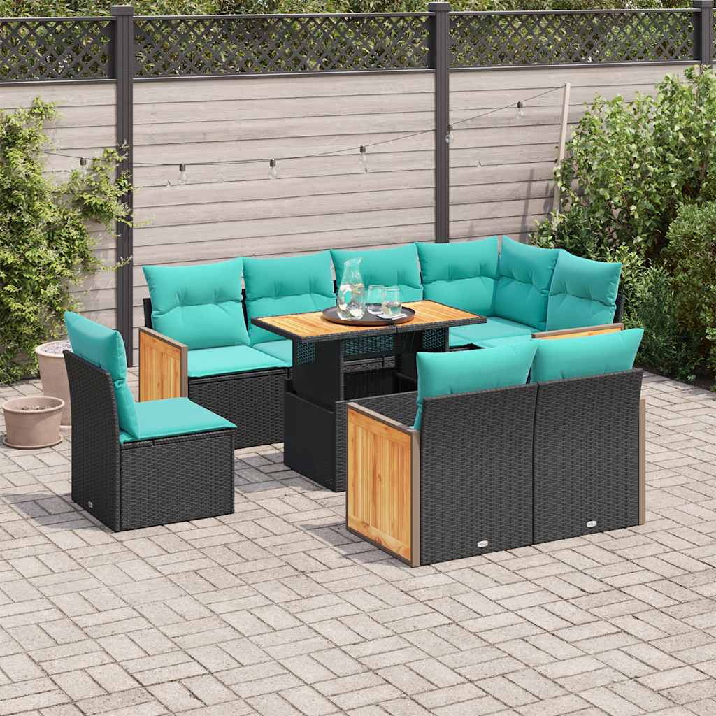 Set Divani da Giardino 9 pz con Cuscini Nero Polyrattan Acacia 3327725