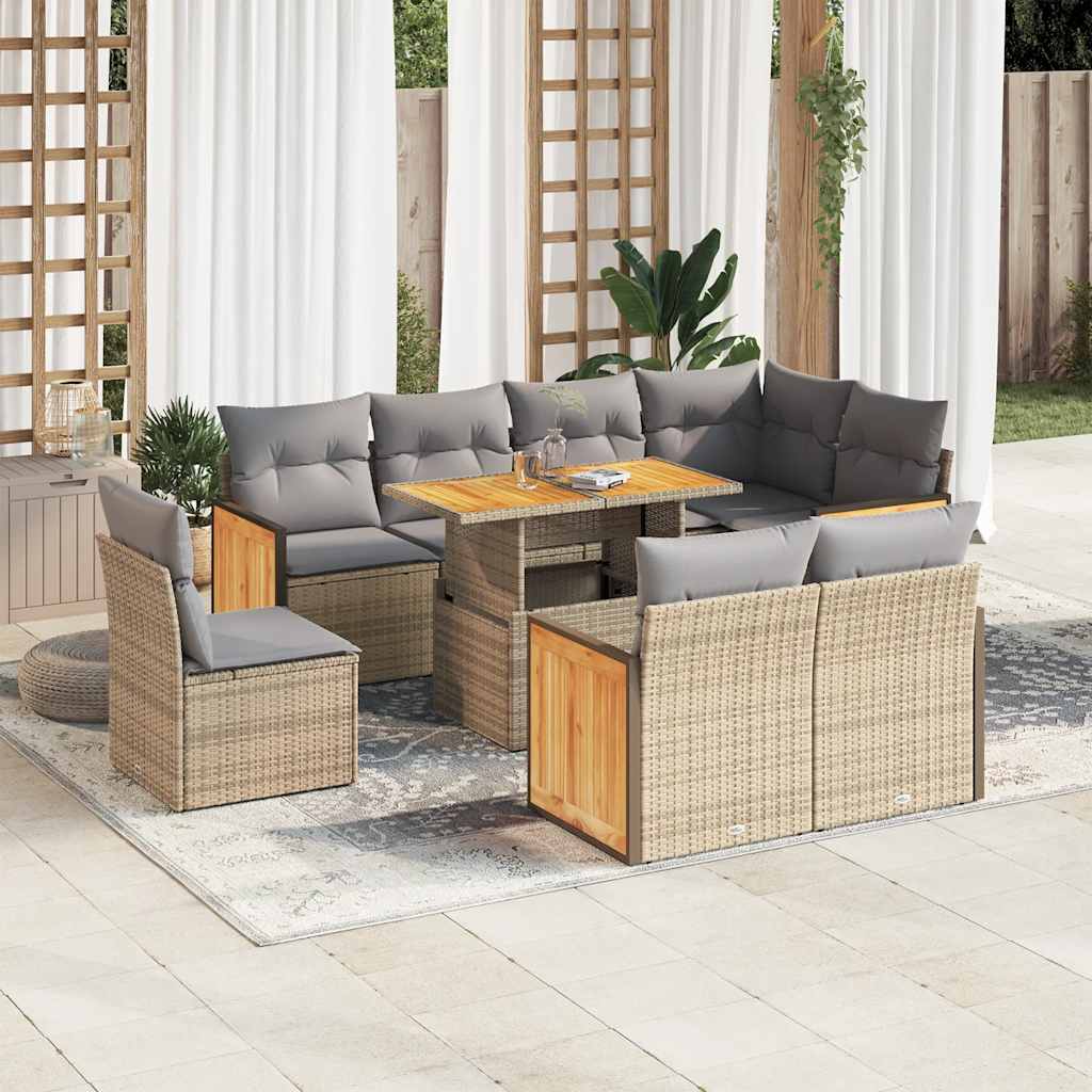 vidaXL Set Divano da Giardino 9 pz con Cuscini Beige Polyrattan Acacia