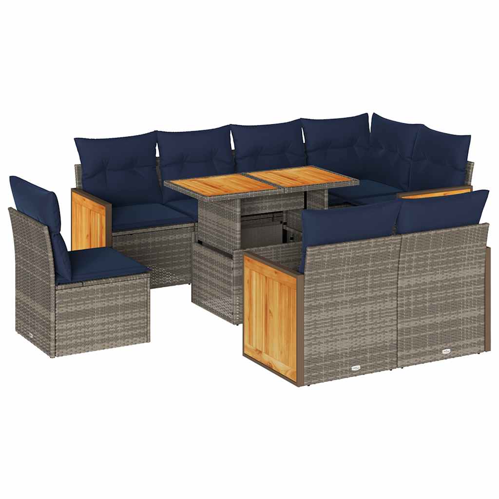 Set Divano da Giardino 9pz con Cuscini Grigio Polyrattan Acacia