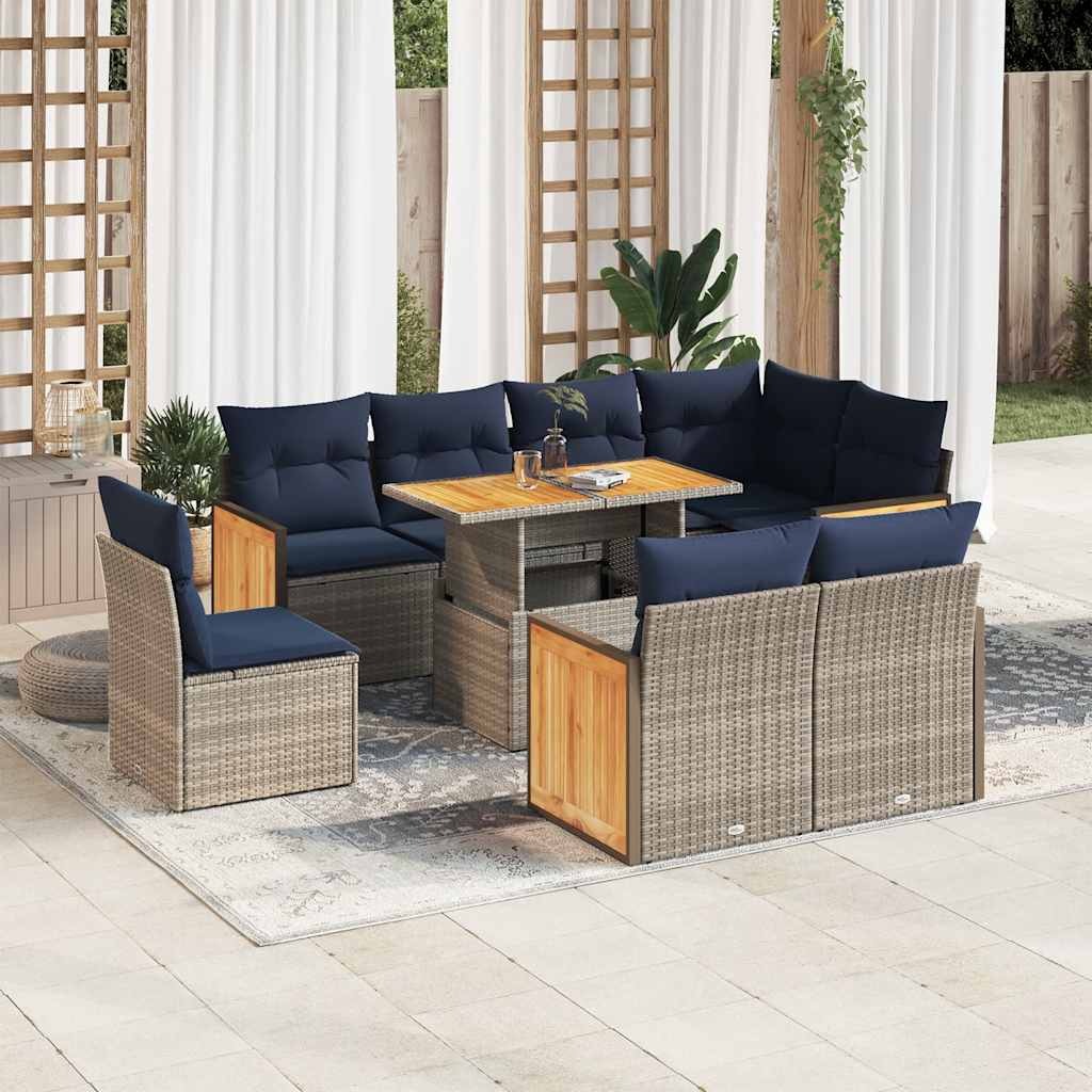 Set Divano da Giardino 9pz con Cuscini Grigio Polyrattan Acacia