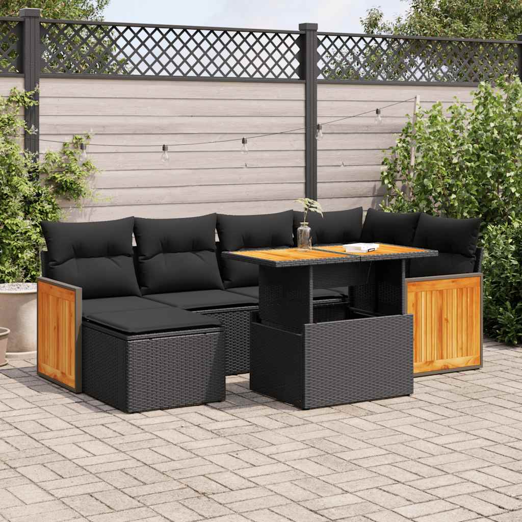 vidaXL Set Divani da Giardino con Cuscini 7pz Nero Polyrattan Acacia