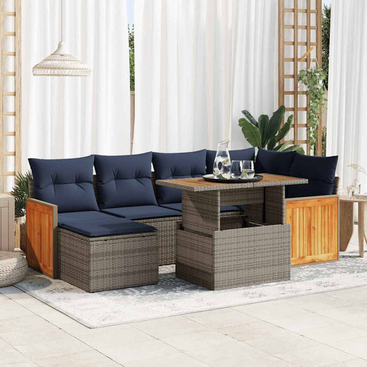 Set Divani da Giardino con Cuscini 7pz Nero Polyrattan Acacia