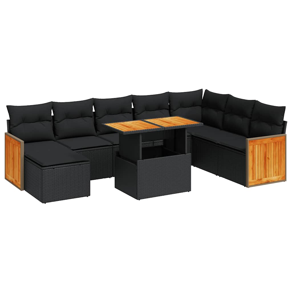 Set Divani da Giardino 9 pz con Cuscini Nero Polyrattan Acacia 3327744