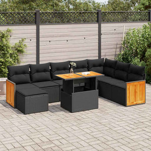 Set Divani da Giardino 9 pz con Cuscini Nero Polyrattan Acacia 3327744