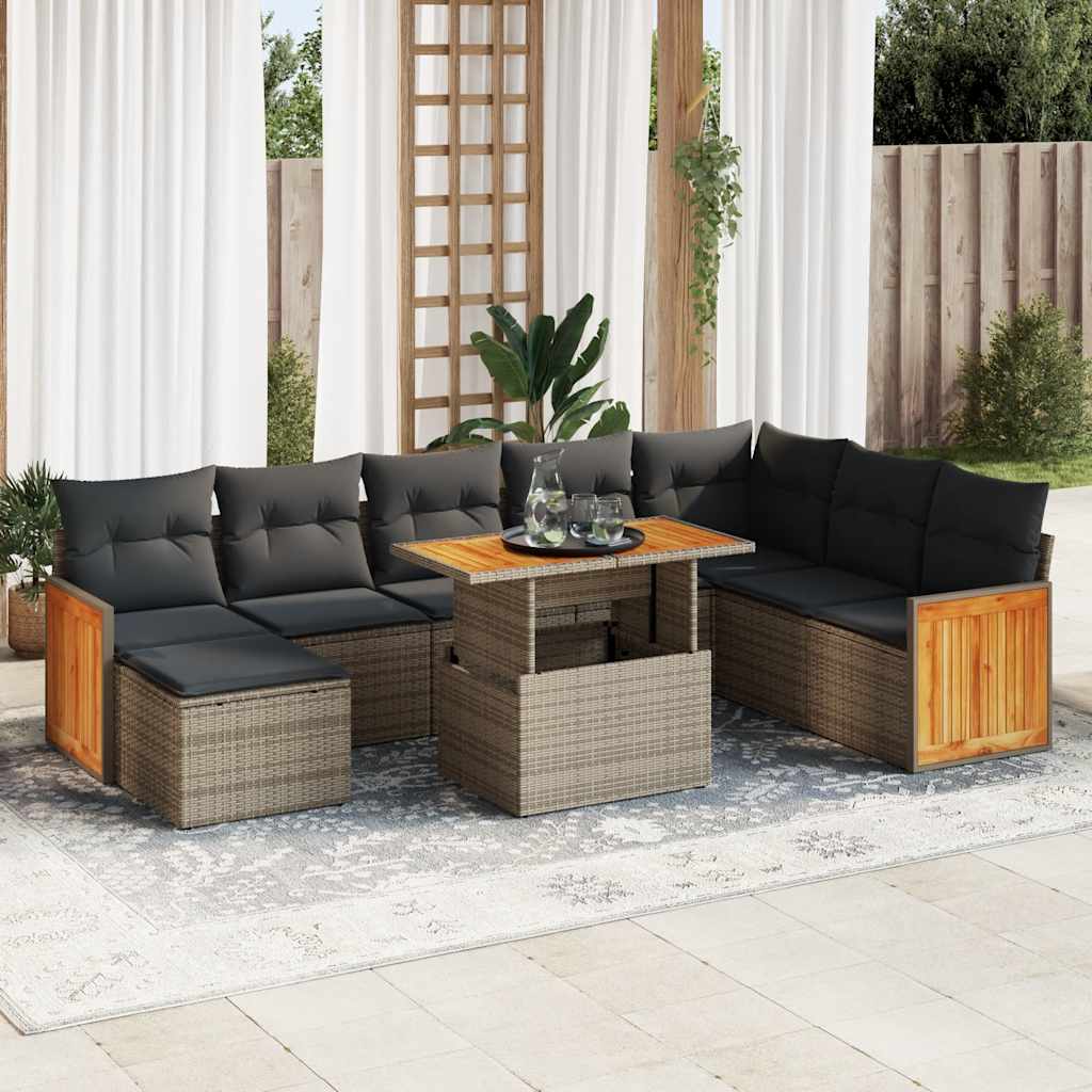 Set Divano da Giardino 9pz con Cuscini Grigio Polyrattan Acacia 3327749
