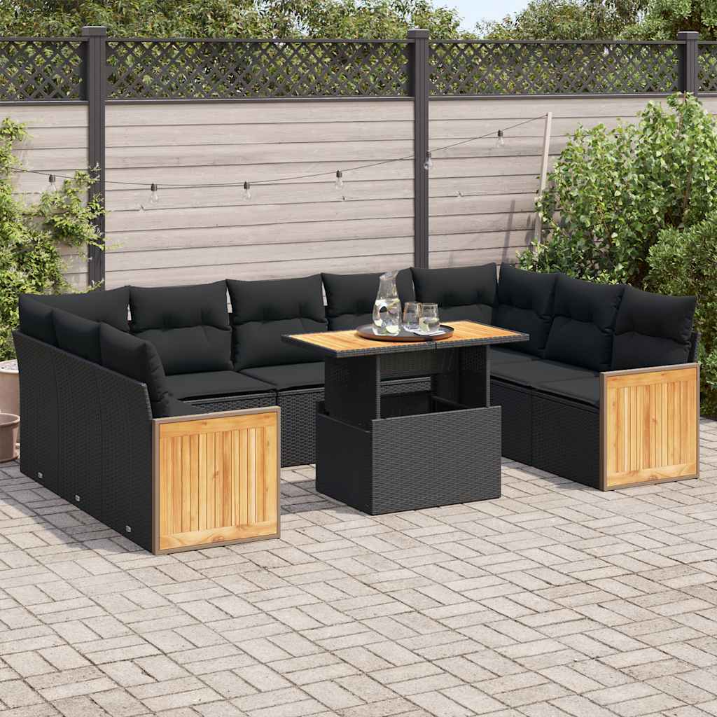 vidaXL Set Divani Giardino 10pz con Cuscini Nero in Polyrattan Acacia