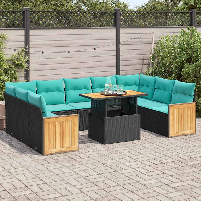 Set Divani Giardino 10pz con Cuscini Nero in Polyrattan Acacia 3327753