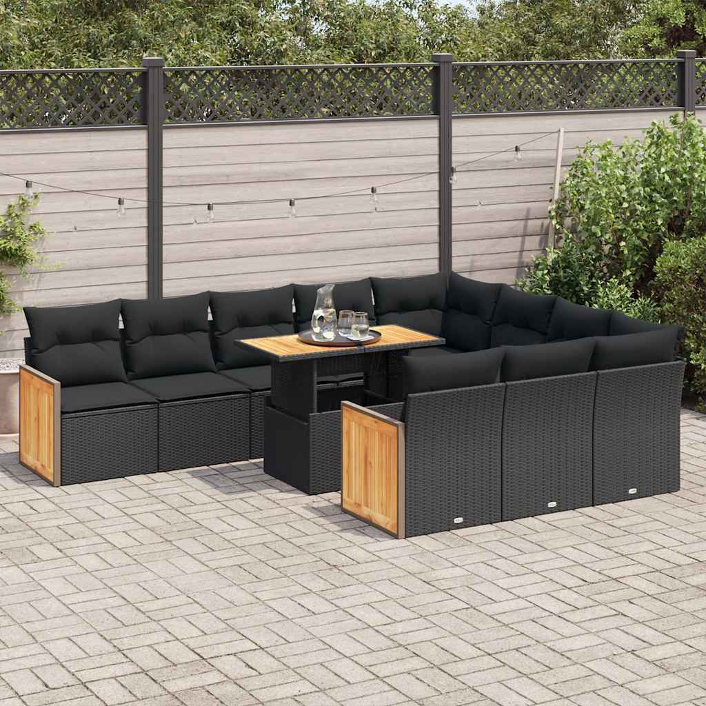 vidaXL Set Divani da Giardino 11 pz con Cuscini Polyrattan Acacia Nero