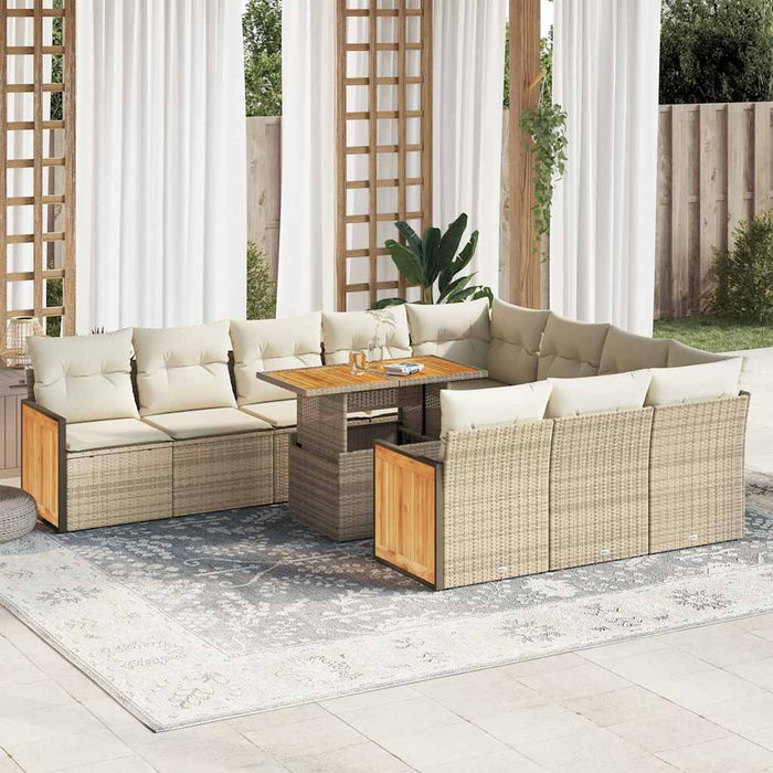 Set Divani da Giardino 11pz con Cuscini Beige Acacia Polyrattan