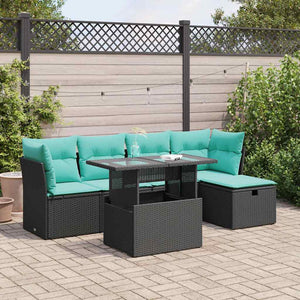 Set Divano da Giardino 6 pz con Cuscini Nero Polyrattan Acacia 3327767