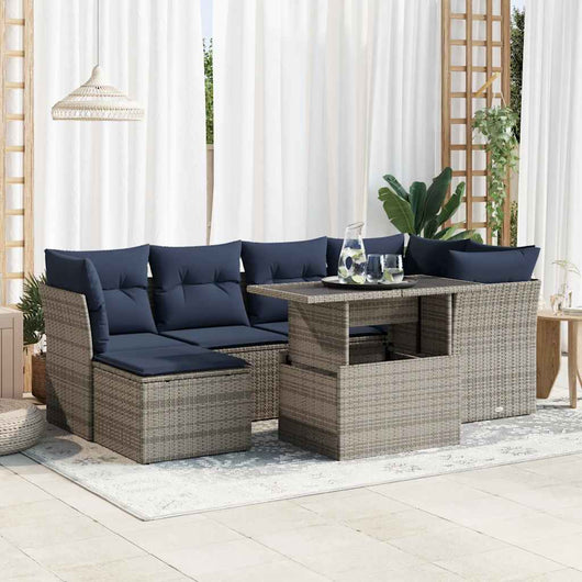 Set Divani da Giardino 7pz con Cuscini Grigio Polyrattan Acacia