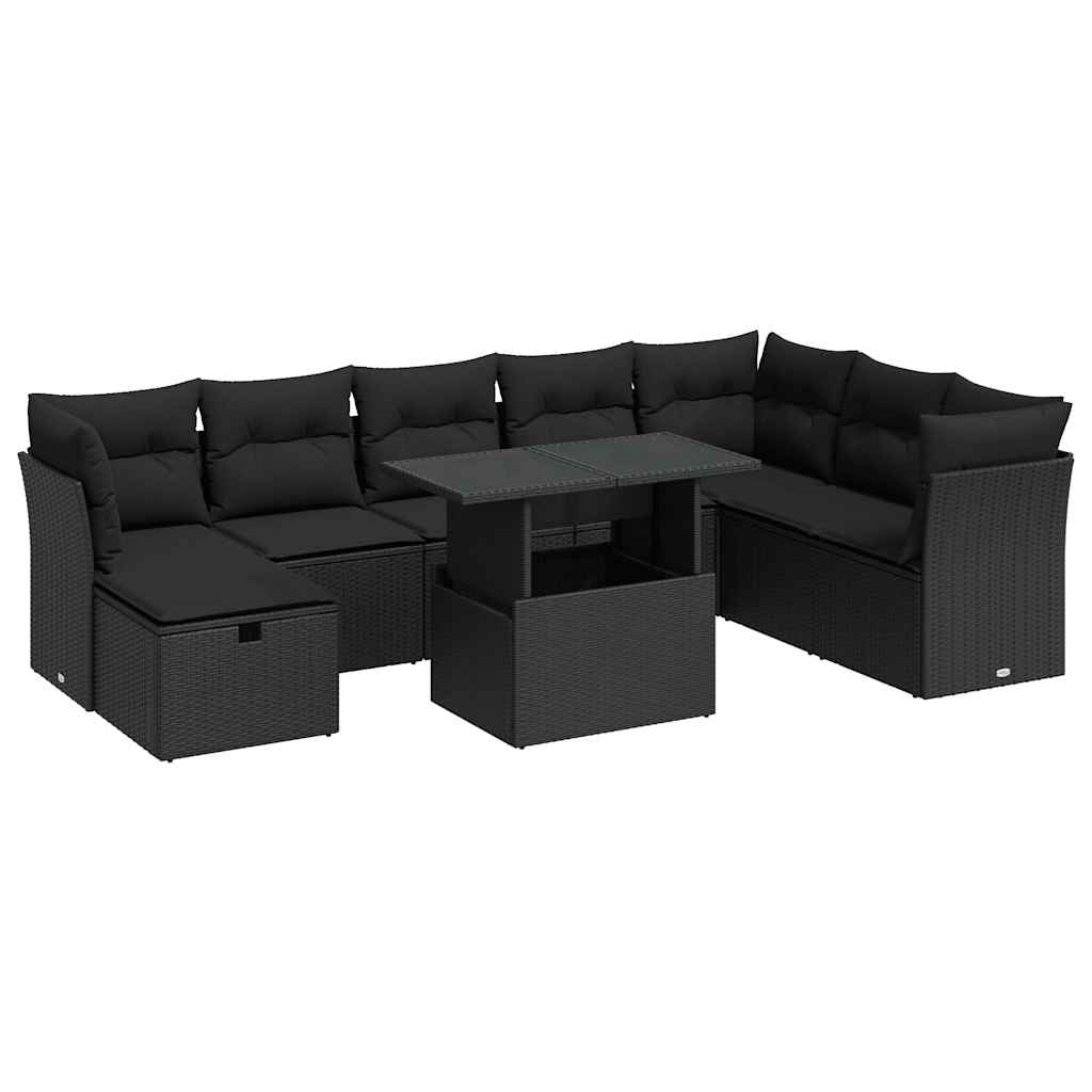 Set Divani da Giardino 9 pz con Cuscini Nero in Polyrattan 3327795