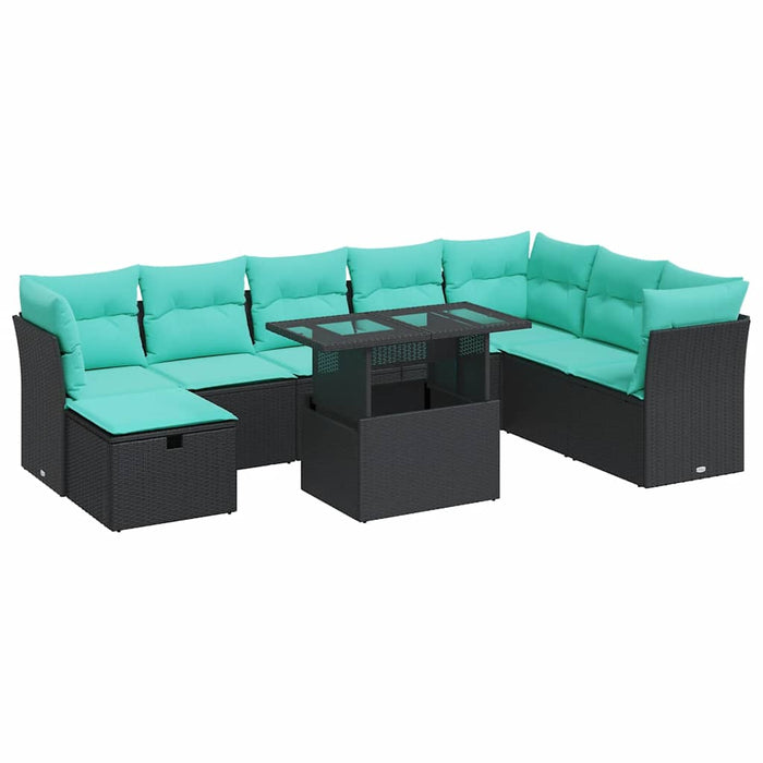 Set Divani da Giardino 9 pz con Cuscini Nero Polyrattan Acacia 3327797