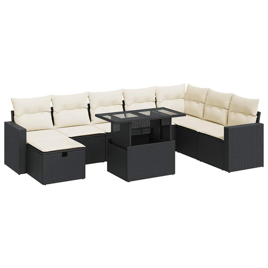 vidaXL Set Divani da Giardino 9 pz con Cuscini Nero in Polyrattan