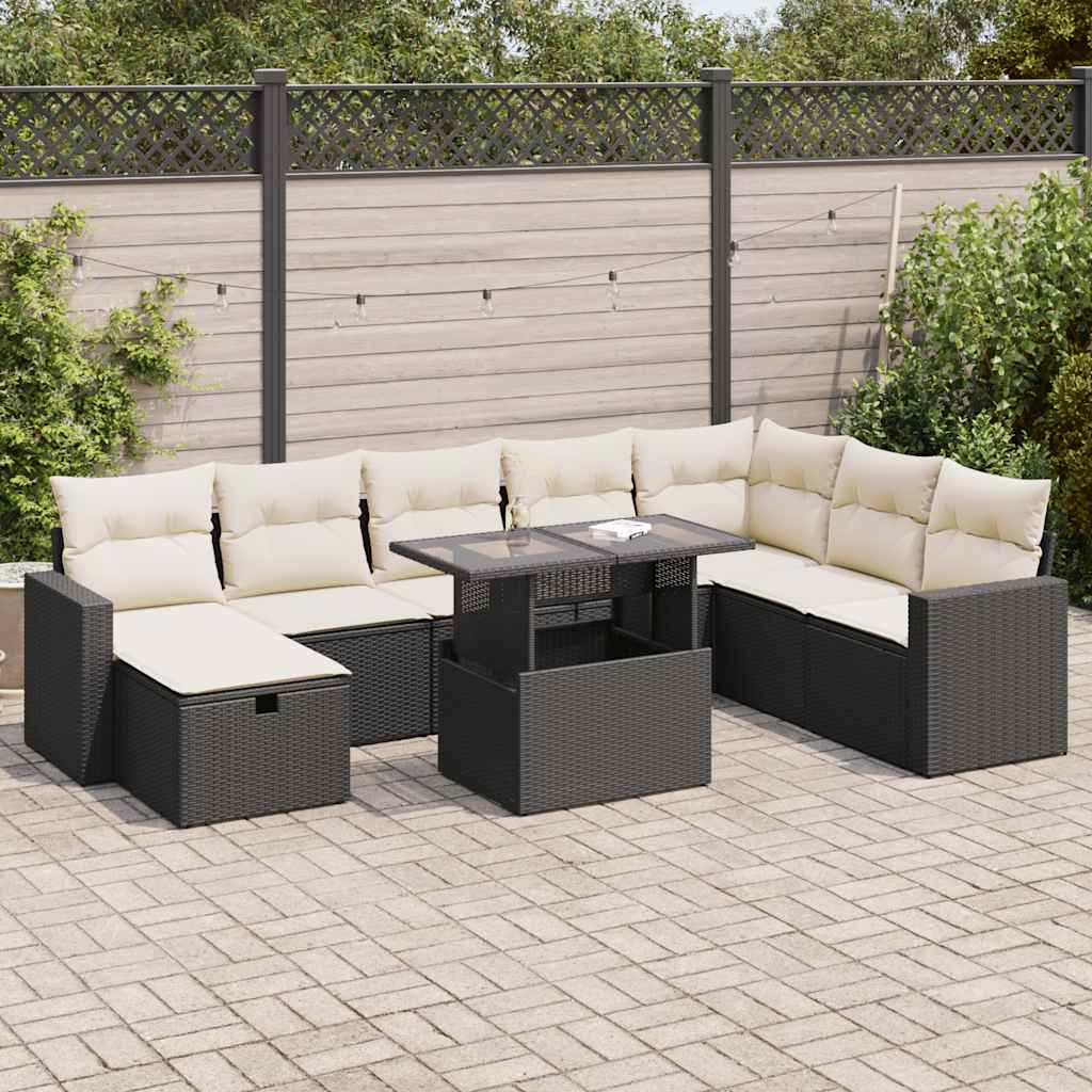 vidaXL Set Divani da Giardino 9 pz con Cuscini Nero in Polyrattan