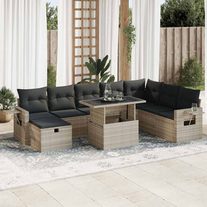 vidaXL Set Divano da Giardino 9pz con Cuscini Grigio Chiaro Polyrattan