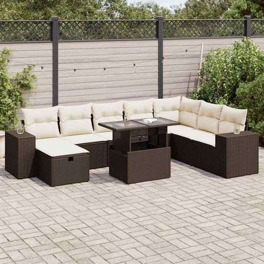 Set Divani da Giardino 9pz con Cuscini Marrone in Polyrattan