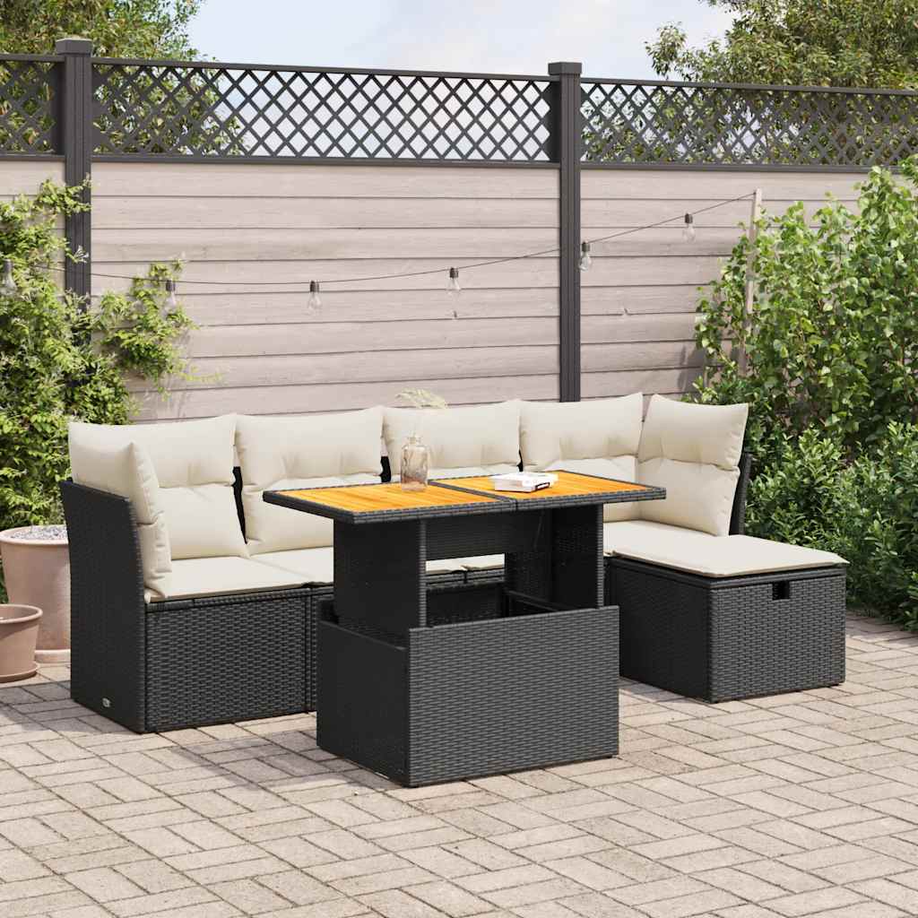 vidaXL Set Divano da Giardino 6 pz con Cuscini Nero Polyrattan Acacia