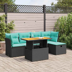 Set Divano da Giardino 6 pz con Cuscini Nero Polyrattan Acacia 3327967