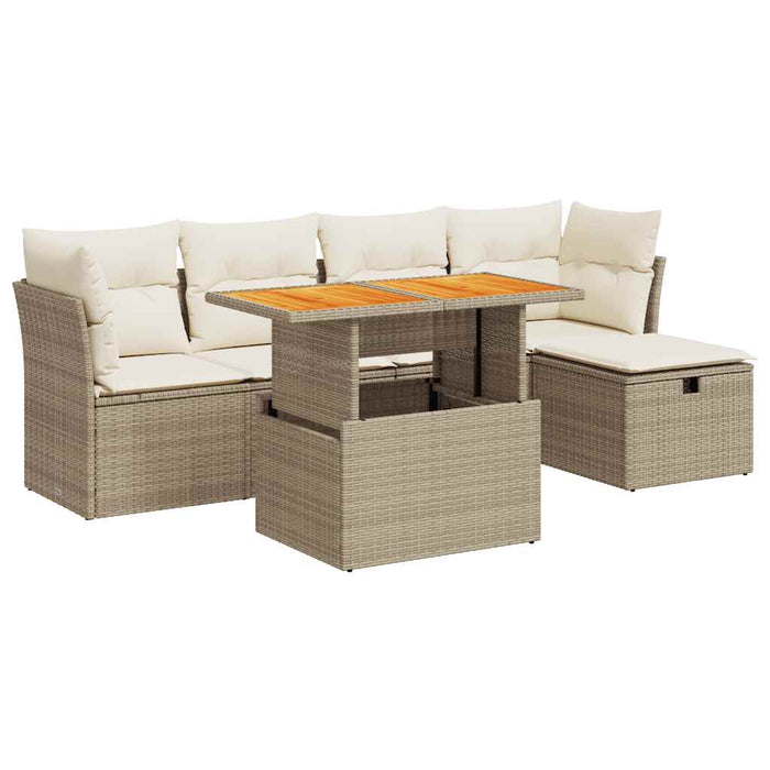 Set Divano da Giardino 6 pz con Cuscini Beige Polyrattan Acacia