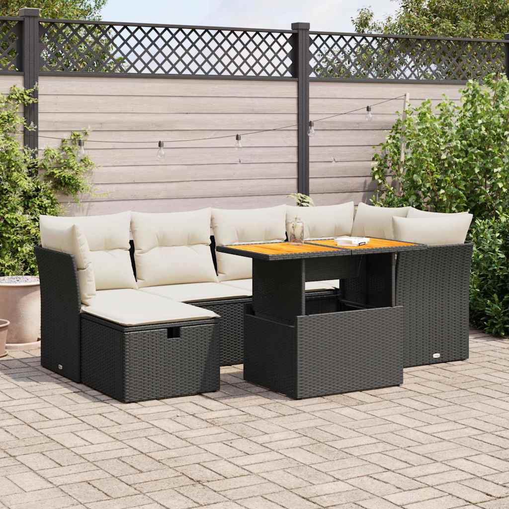 vidaXL Set Divani da Giardino con Cuscini 7pz Nero Polyrattan Acacia