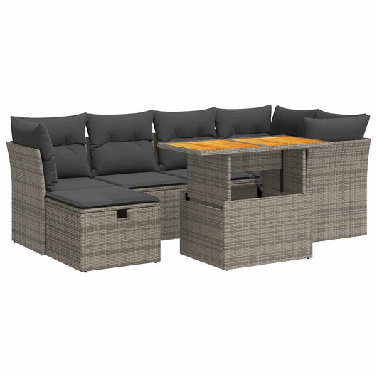 Set Divani da Giardino 7pz con Cuscini Grigio Polyrattan Acacia