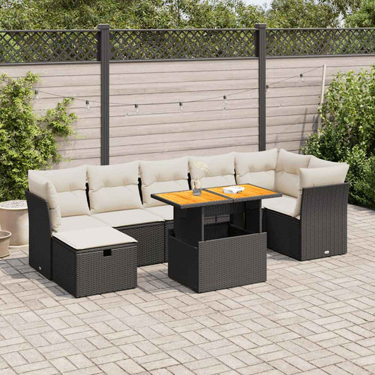 Set Divani da Giardino con Cuscini 8 pz Nero Polyrattan Acacia