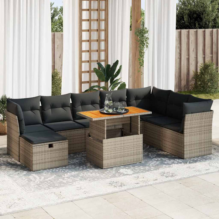 vidaXL Set Divano da Giardino 9pz con Cuscini Grigio Polyrattan Acacia