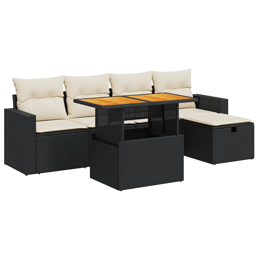 Set Divano da Giardino 6 pz con Cuscini Nero Polyrattan Acacia