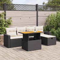Set Divano da Giardino 6 pz con Cuscini Nero Polyrattan Acacia