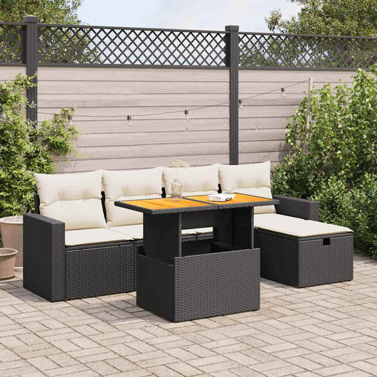 Set Divano da Giardino 6 pz con Cuscini Nero Polyrattan Acacia