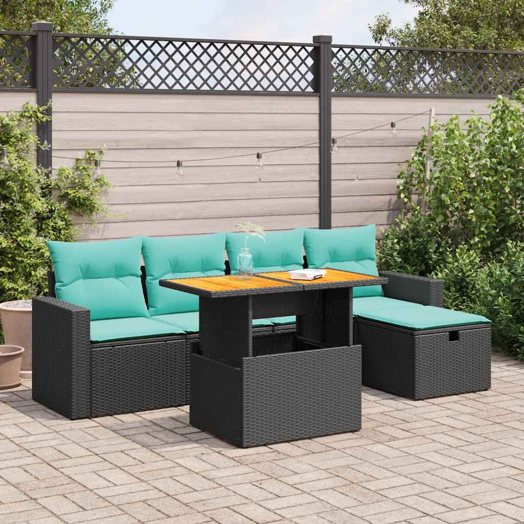 Set Divano da Giardino 6 pz con Cuscini Nero Polyrattan Acacia 3327995