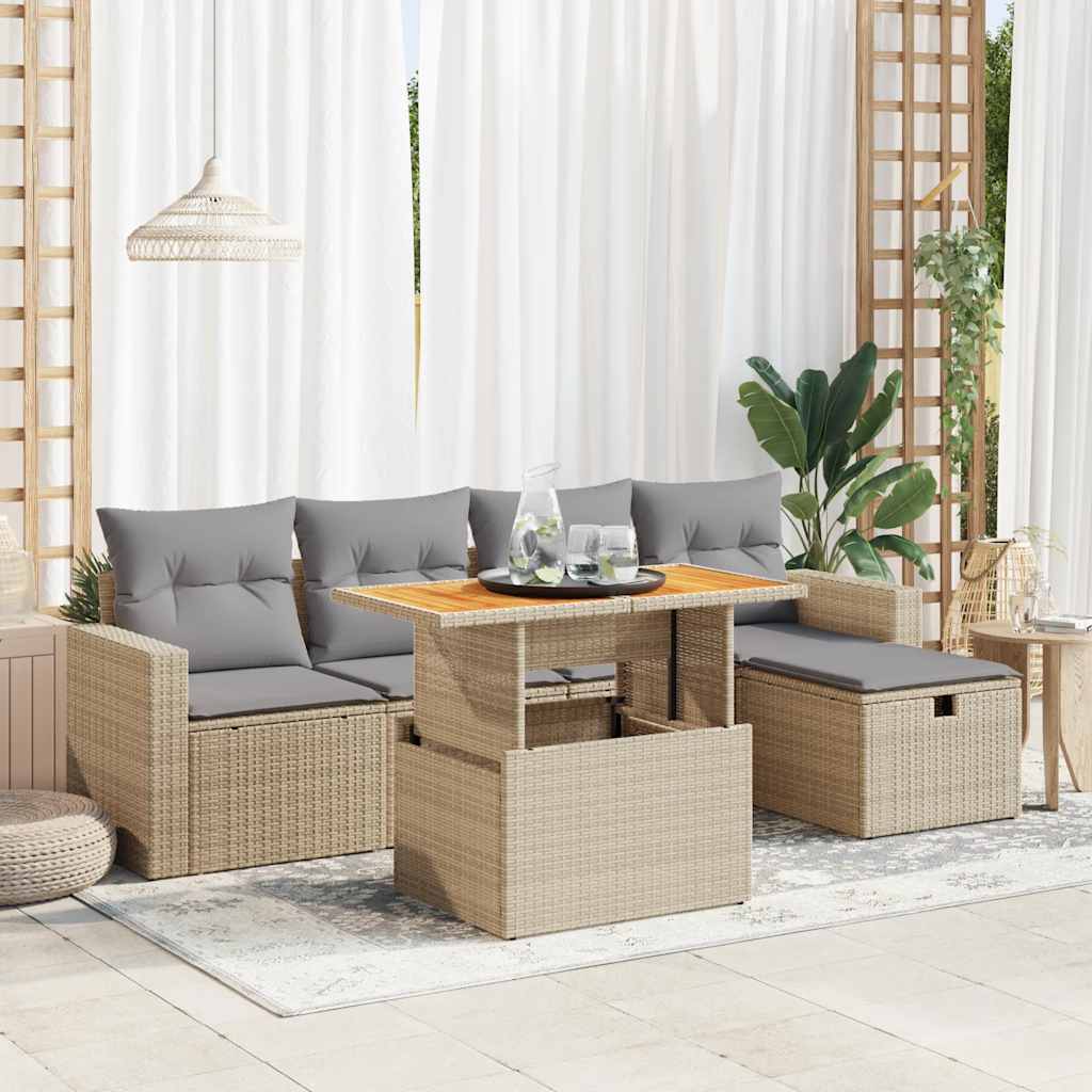 Set Divano da Giardino 6 pz con Cuscini Beige Polyrattan Acacia